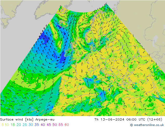 Surface wind Arpege-eu Čt 13.06.2024 06 UTC