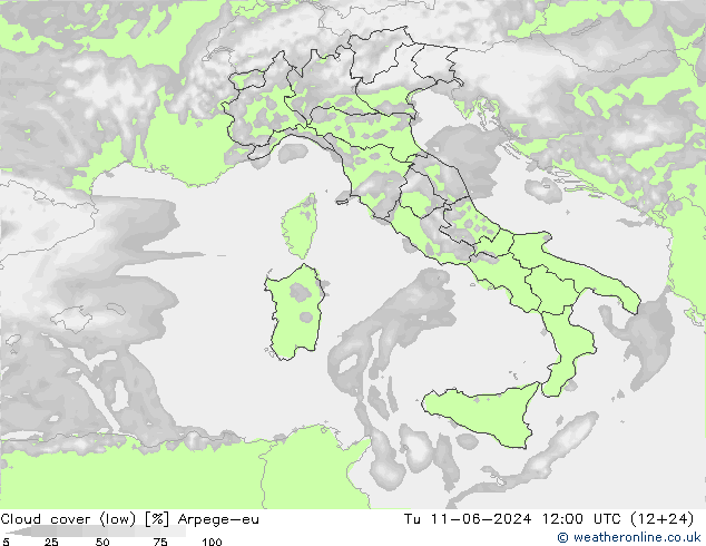 Cloud cover (low) Arpege-eu Tu 11.06.2024 12 UTC