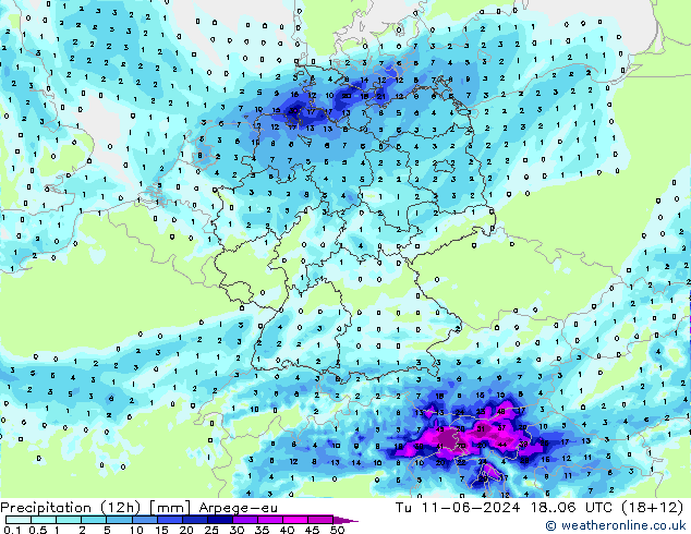 Precipitation (12h) Arpege-eu Tu 11.06.2024 06 UTC