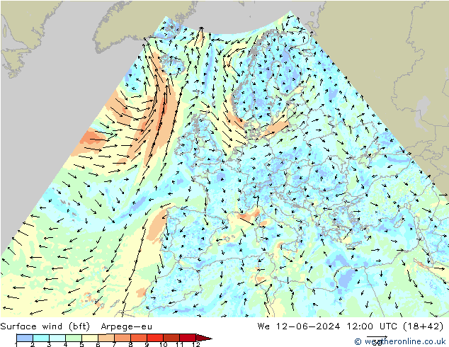 Wind 10 m (bft) Arpege-eu wo 12.06.2024 12 UTC