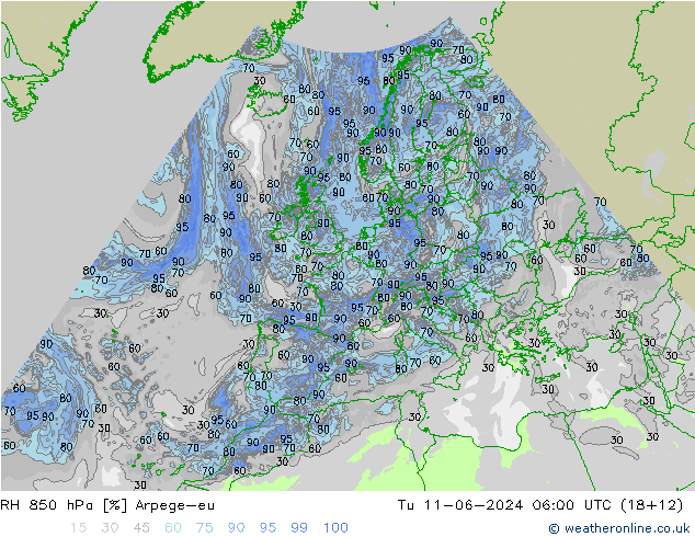 Humidité rel. 850 hPa Arpege-eu mar 11.06.2024 06 UTC