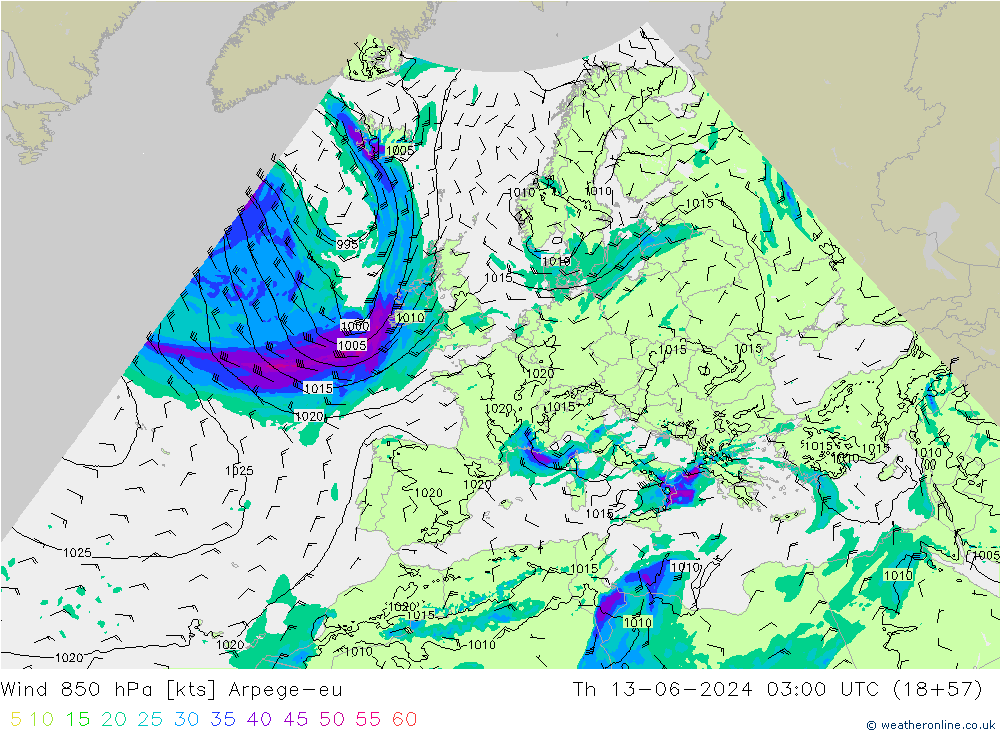 Wind 850 hPa Arpege-eu Th 13.06.2024 03 UTC