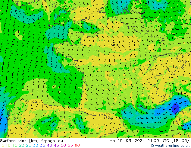 Surface wind Arpege-eu Mo 10.06.2024 21 UTC