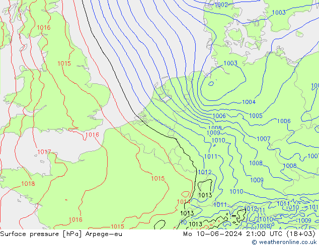 Atmosférický tlak Arpege-eu Po 10.06.2024 21 UTC