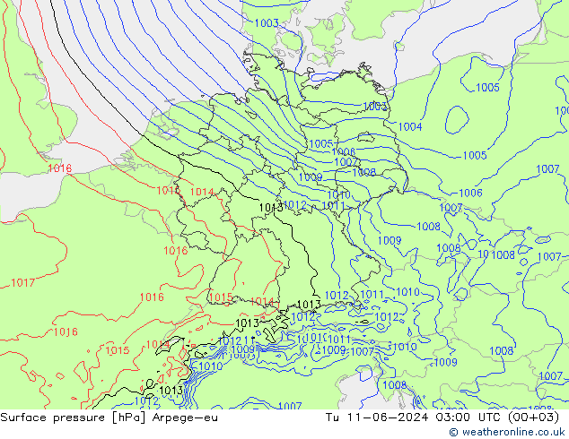 Atmosférický tlak Arpege-eu Út 11.06.2024 03 UTC
