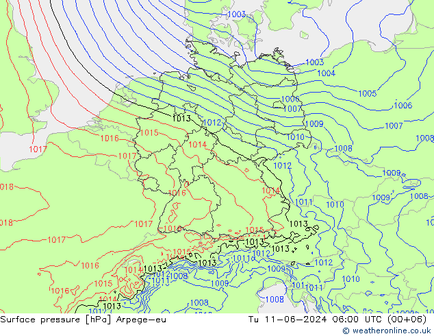 Surface pressure Arpege-eu Tu 11.06.2024 06 UTC