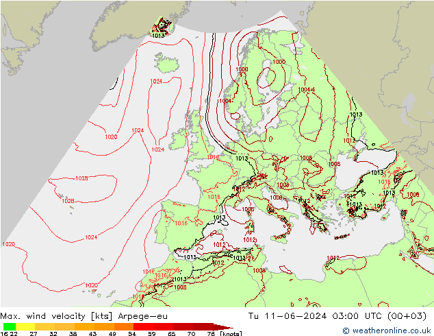 Max. wind velocity Arpege-eu 星期二 11.06.2024 03 UTC