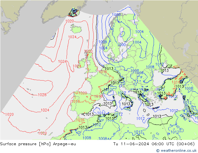 地面气压 Arpege-eu 星期二 11.06.2024 06 UTC