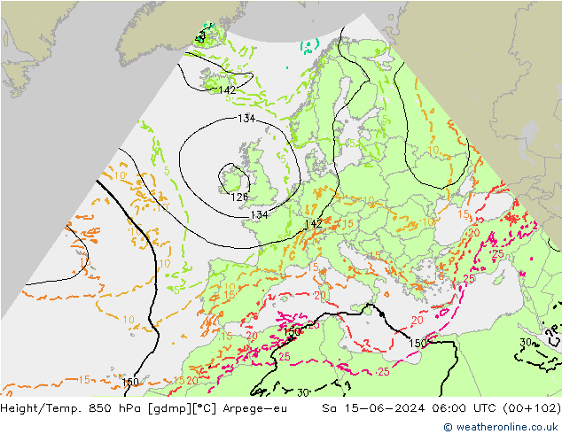 Hoogte/Temp. 850 hPa Arpege-eu za 15.06.2024 06 UTC