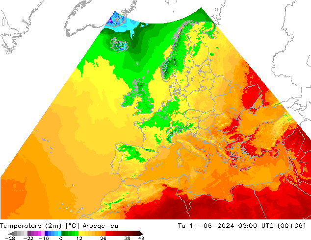 Temperaturkarte (2m) Arpege-eu Di 11.06.2024 06 UTC