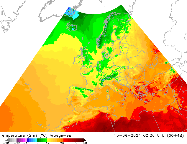température (2m) Arpege-eu jeu 13.06.2024 00 UTC