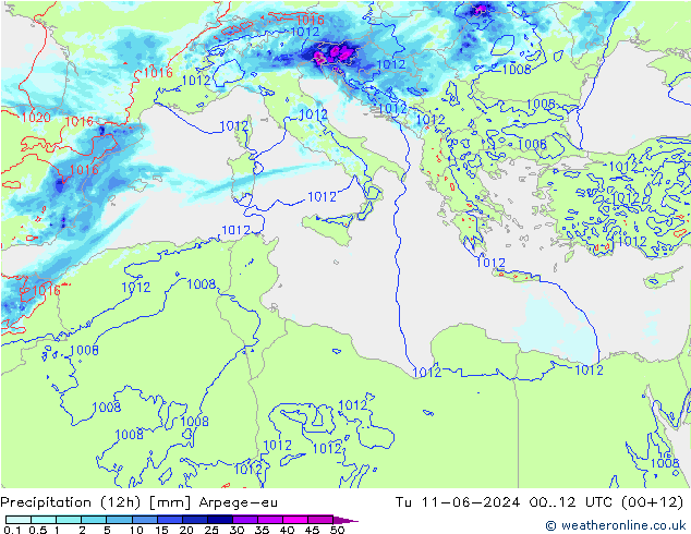 Totale neerslag (12h) Arpege-eu di 11.06.2024 12 UTC