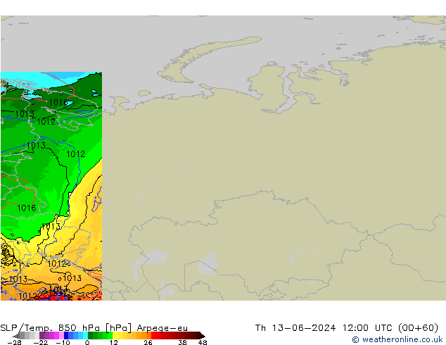 SLP/Temp. 850 hPa Arpege-eu Čt 13.06.2024 12 UTC