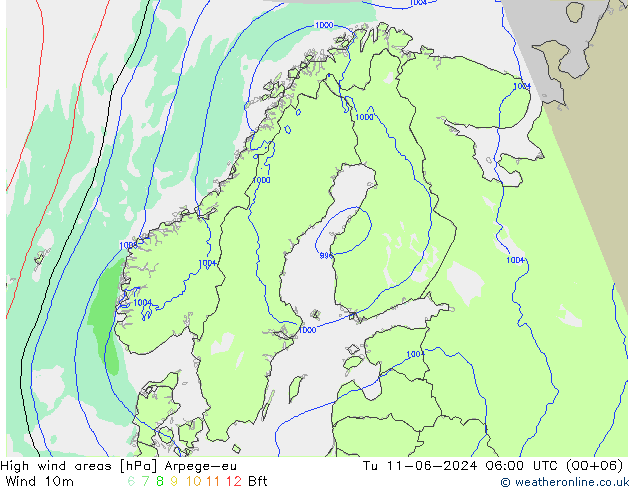 High wind areas Arpege-eu Tu 11.06.2024 06 UTC