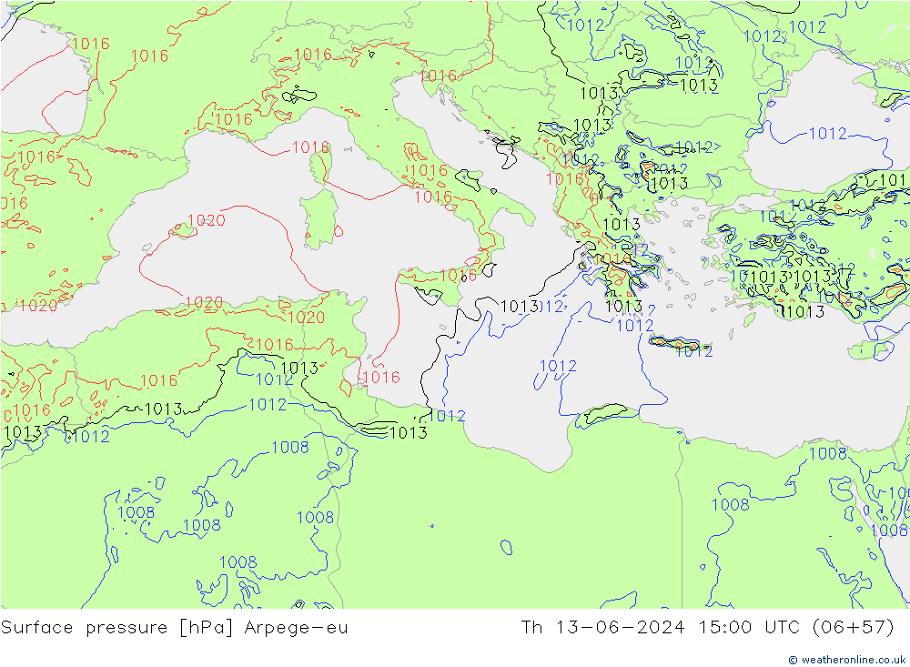 Surface pressure Arpege-eu Th 13.06.2024 15 UTC
