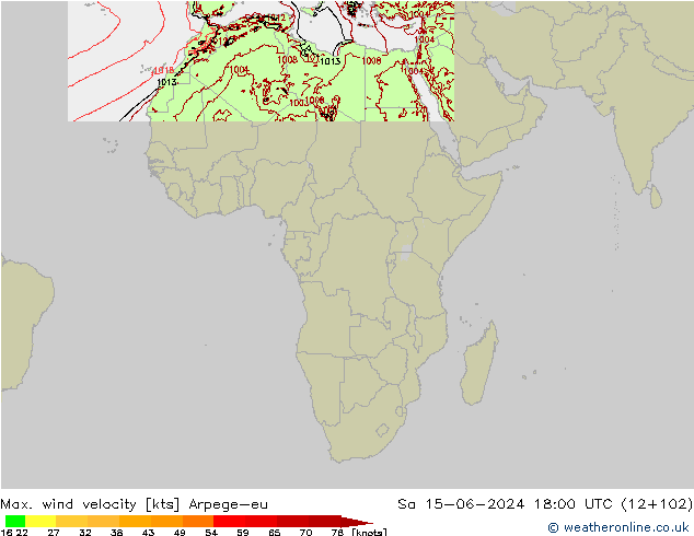 Max. wind velocity Arpege-eu Sa 15.06.2024 18 UTC