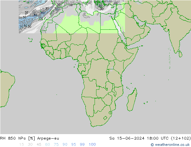 Humidité rel. 850 hPa Arpege-eu sam 15.06.2024 18 UTC
