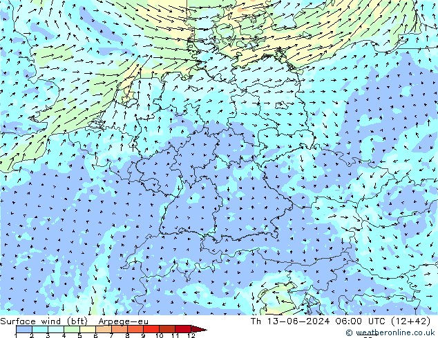 wiatr 10 m (bft) Arpege-eu czw. 13.06.2024 06 UTC