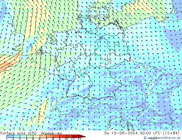 Surface wind (bft) Arpege-eu Sa 15.06.2024 00 UTC