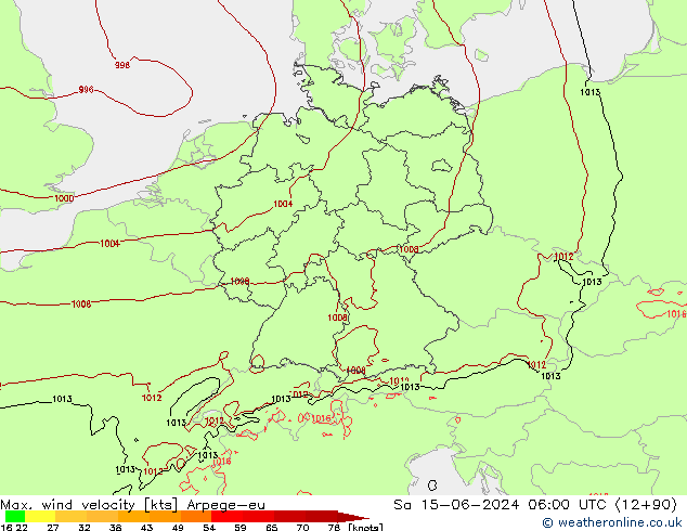 Max. wind snelheid Arpege-eu za 15.06.2024 06 UTC