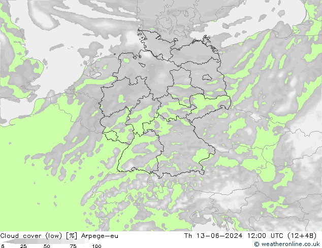 Cloud cover (low) Arpege-eu Th 13.06.2024 12 UTC