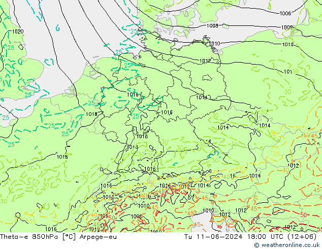 Theta-e 850hPa Arpege-eu di 11.06.2024 18 UTC