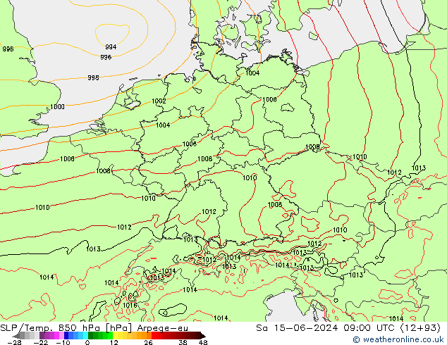 SLP/Temp. 850 hPa Arpege-eu Sa 15.06.2024 09 UTC