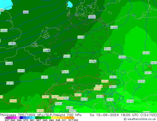 Thck 700-1000 hPa Arpege-eu Sa 15.06.2024 18 UTC