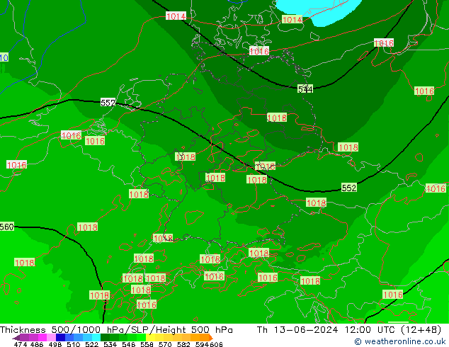 Dikte 500-1000hPa Arpege-eu do 13.06.2024 12 UTC