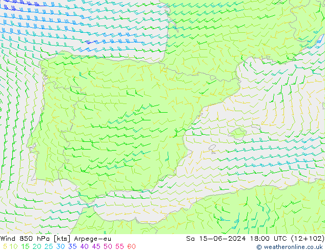 Wind 850 hPa Arpege-eu Sa 15.06.2024 18 UTC