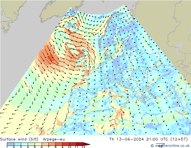 Surface wind (bft) Arpege-eu Th 13.06.2024 21 UTC