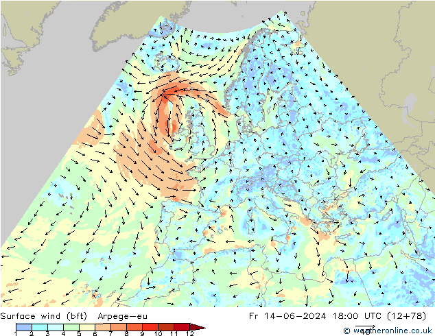 Bodenwind (bft) Arpege-eu Fr 14.06.2024 18 UTC