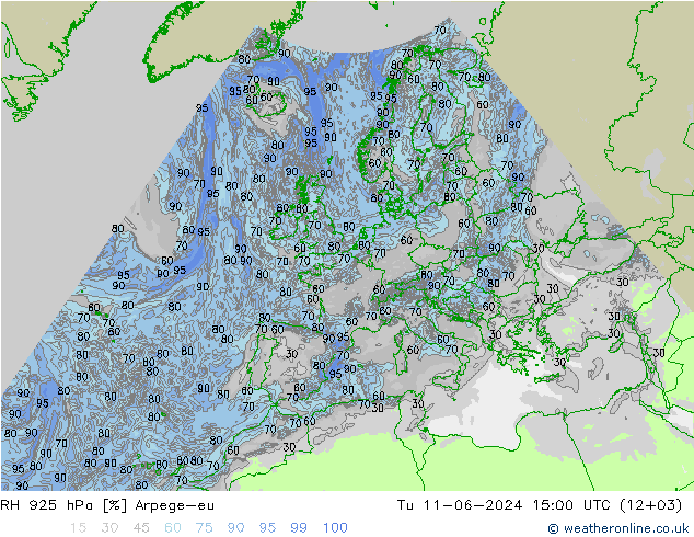 RH 925 hPa Arpege-eu Tu 11.06.2024 15 UTC