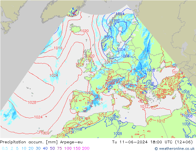 Precipitation accum. Arpege-eu 星期二 11.06.2024 18 UTC