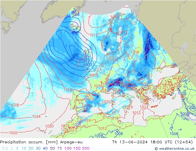 Precipitation accum. Arpege-eu czw. 13.06.2024 18 UTC