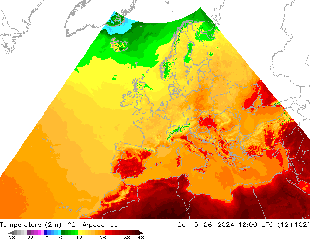 Temperatuurkaart (2m) Arpege-eu za 15.06.2024 18 UTC