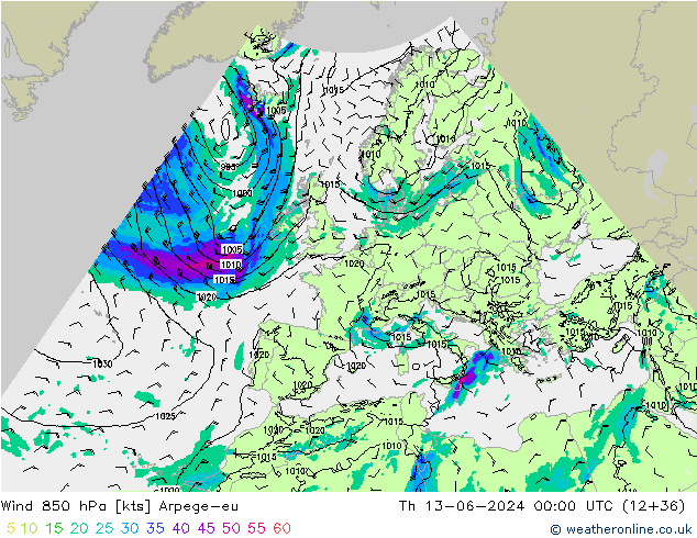 Wind 850 hPa Arpege-eu Do 13.06.2024 00 UTC
