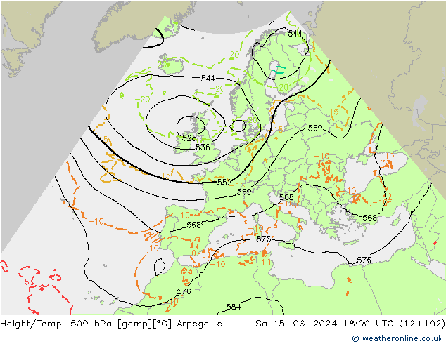 Height/Temp. 500 hPa Arpege-eu so. 15.06.2024 18 UTC