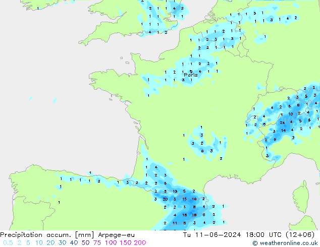 Totale neerslag Arpege-eu di 11.06.2024 18 UTC