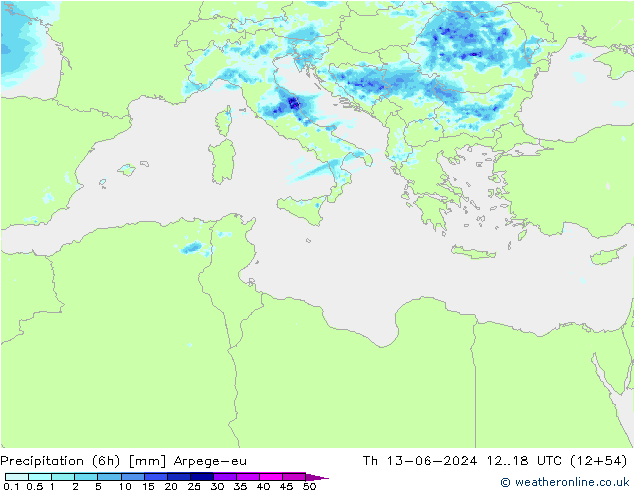Precipitation (6h) Arpege-eu Th 13.06.2024 18 UTC