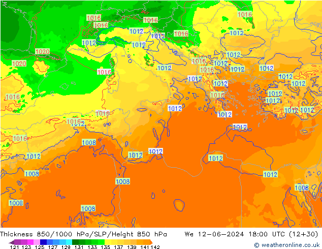 Dikte 850-1000 hPa Arpege-eu wo 12.06.2024 18 UTC