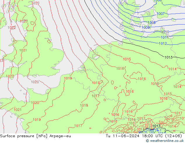 Surface pressure Arpege-eu Tu 11.06.2024 18 UTC