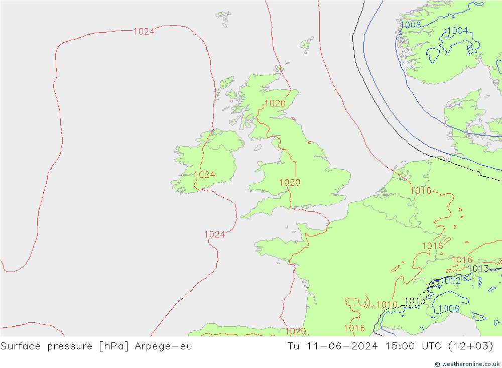 Surface pressure Arpege-eu Tu 11.06.2024 15 UTC