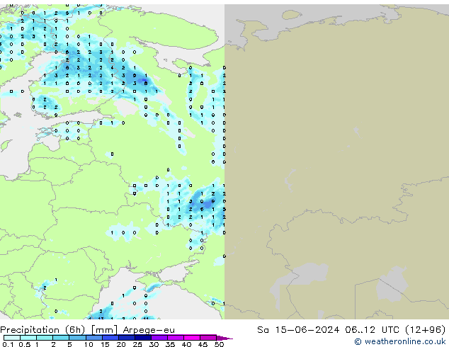 Totale neerslag (6h) Arpege-eu za 15.06.2024 12 UTC