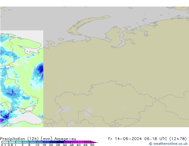 Totale neerslag (12h) Arpege-eu vr 14.06.2024 18 UTC
