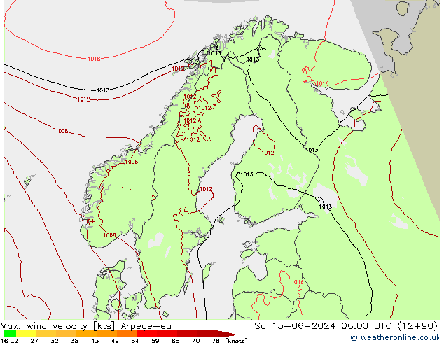 Max. wind velocity Arpege-eu sab 15.06.2024 06 UTC