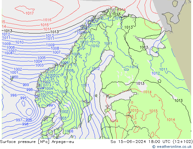 Pressione al suolo Arpege-eu sab 15.06.2024 18 UTC