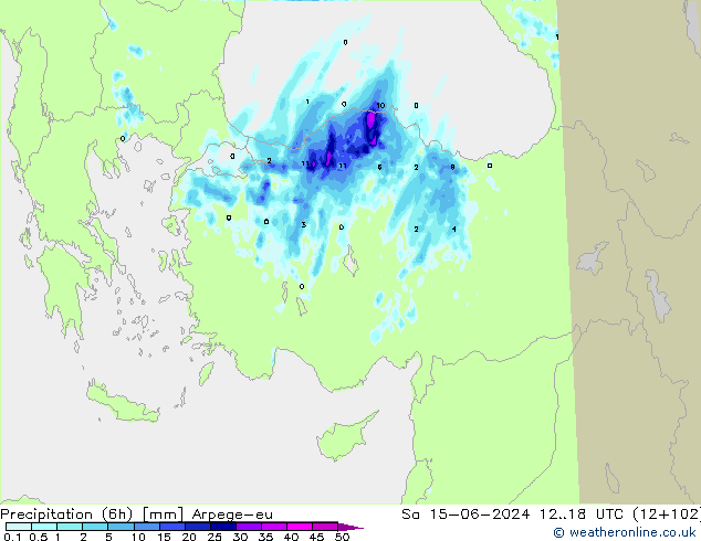 Precipitazione (6h) Arpege-eu sab 15.06.2024 18 UTC