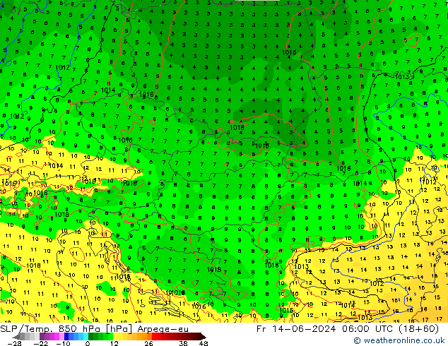 850 hPa Yer Bas./Sıc Arpege-eu Cu 14.06.2024 06 UTC