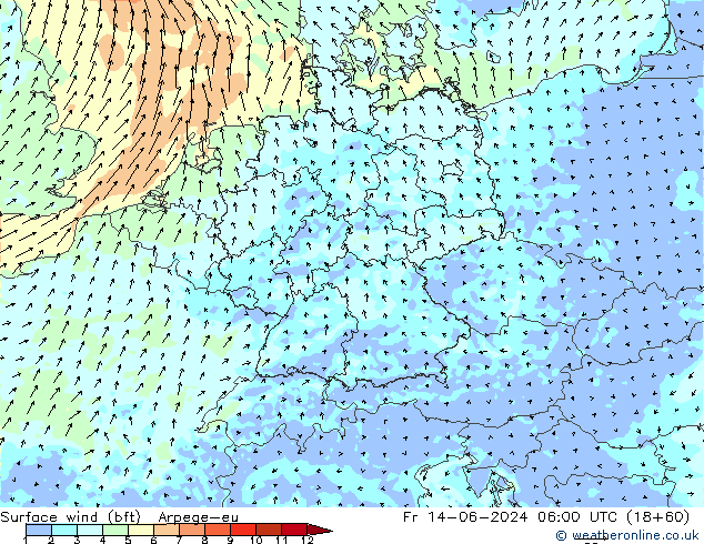 Viento 10 m (bft) Arpege-eu vie 14.06.2024 06 UTC